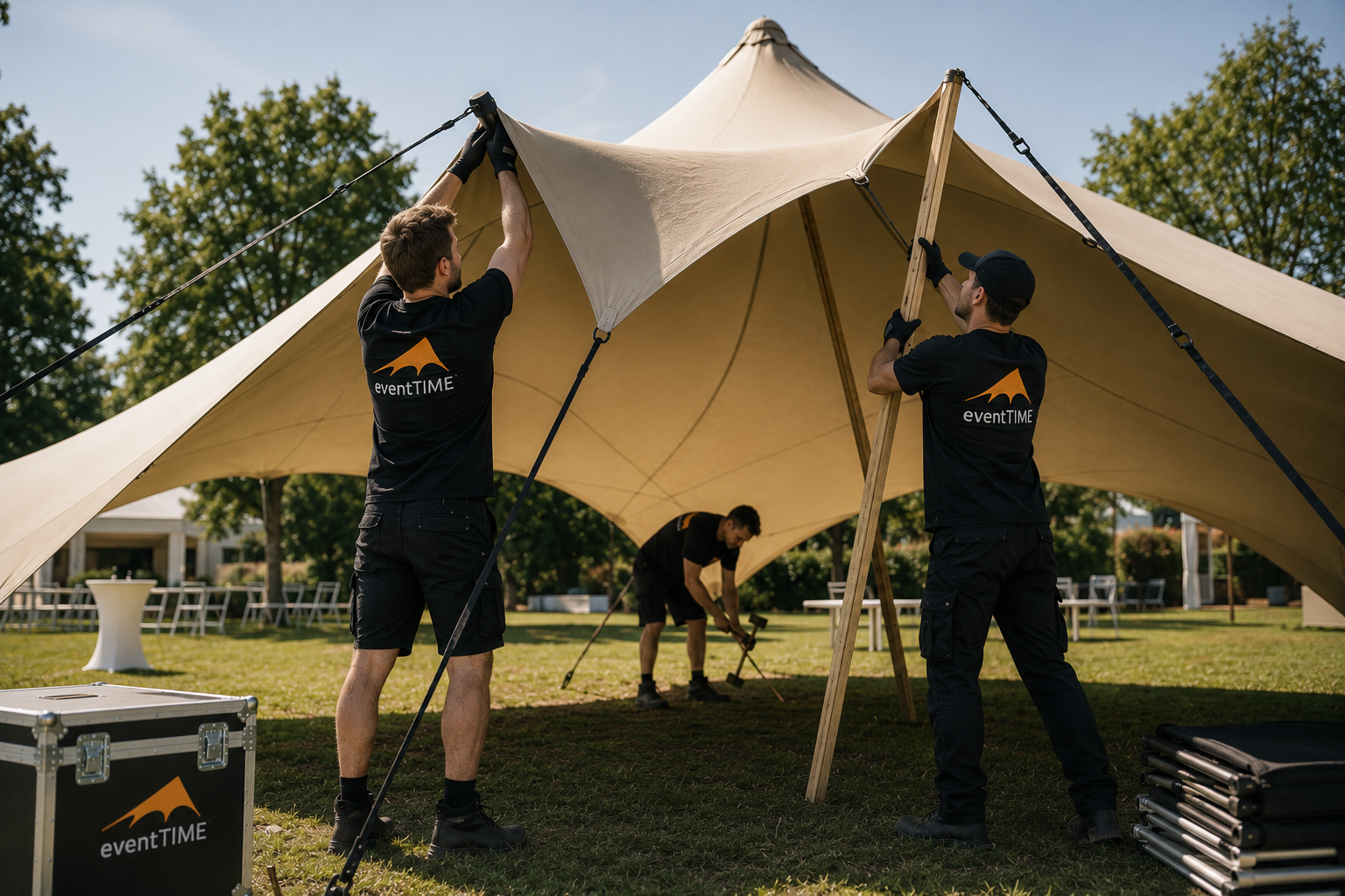 Team von eventTIME beim Zeltaufbau